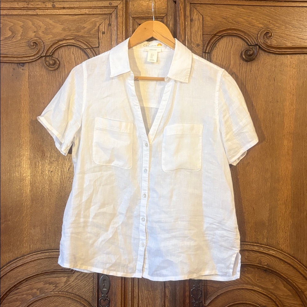 C&C California White Linen Button Front Blouse Short Sleeve Pocket Top Small